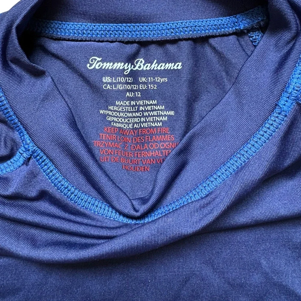 Tommy Bahama Boys Navy Blue Rash Guard Swim Shirt Marlin Logo Size L 10-12